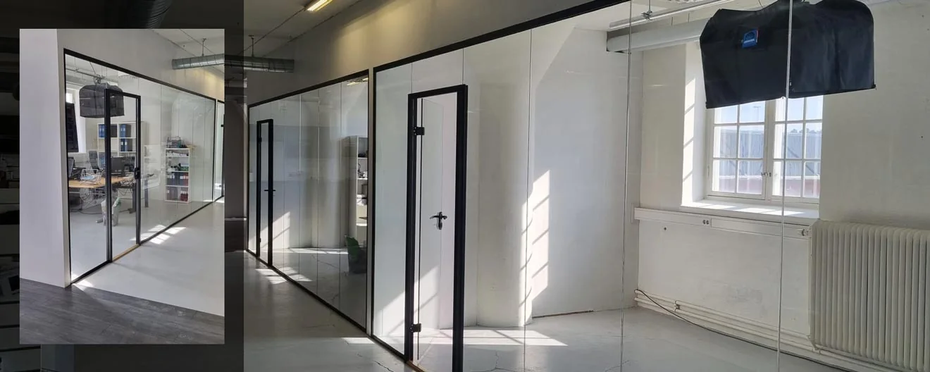 Kontorsmiljö glasväggar glasdörrar Klintens Glasmästeri