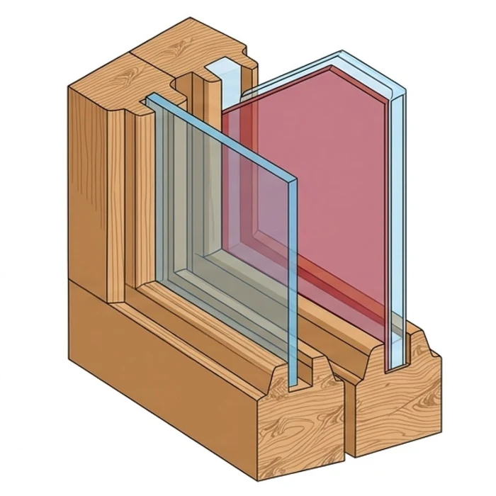 Förenklad bild av ett kopplat tvåglasfönster med isolerglas monterat på insidan. Glaset har lågt U-värde